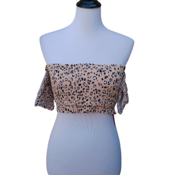 Xhilaration Animal Print Bikini Top Tan Smocked Off-Shoulder Lace-Up NWT - Picture 2 of 13